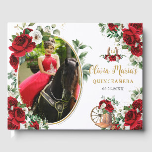 Röda vita blomster Charro stövlar Quinceanera Foto Gästböcker