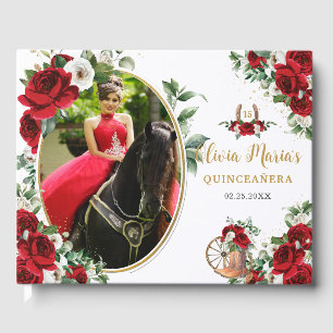 Röda vita blomster Charro stövlar Quinceanera Foto Gästböcker