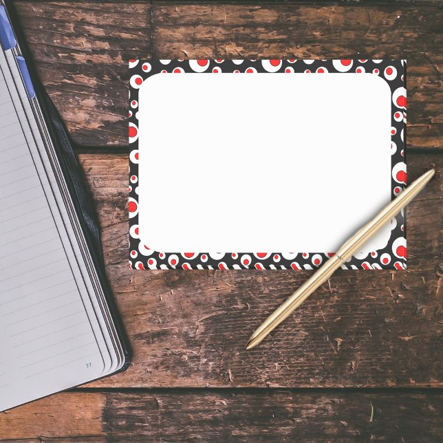 Röda vita cirklar med abstrakt Geometric Coola Post-it Block (Abstract geometric pattern of bright red circles in white circles on black and white post it notes.)