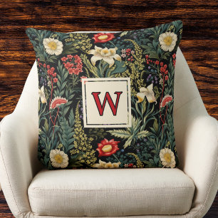 Röda Vita Gröna Liljor Dahlias Blommig Monogram Kudde