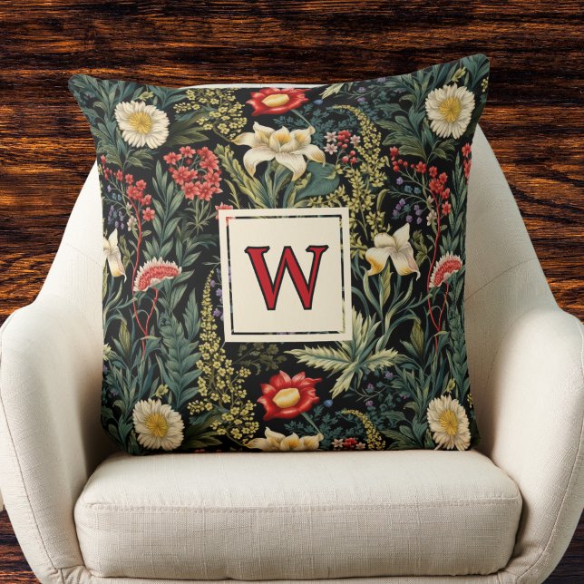 Röda Vita Gröna Liljor Dahlias Blommig Monogram Kudde (Skapare uppladdad)