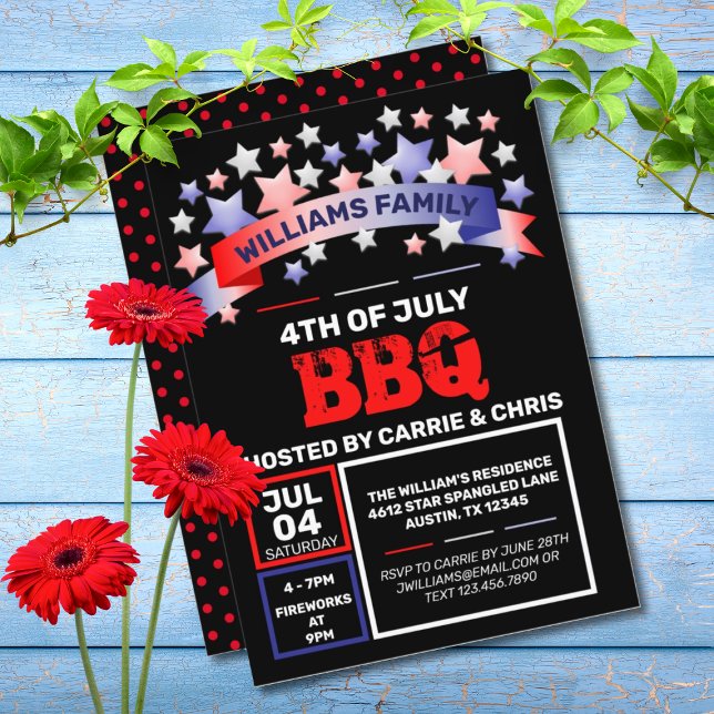 Röda vita och blå band och stjärnor 4:e juli-BBQ Inbjudningar (RED, WHITE, & BLUE 4TH OF JULY BBQ INVITATION)