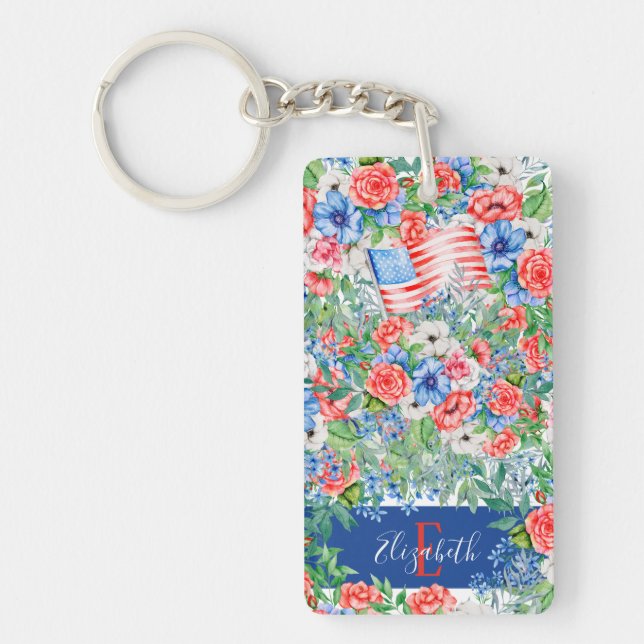 Röda Vita Och Blå Blommor Monogram 4:e Juli (Framsidan)