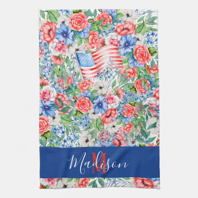 Röda Vita Och Blå Blommor Monogram 4:e Juli Kökshandduk (Vertikal)