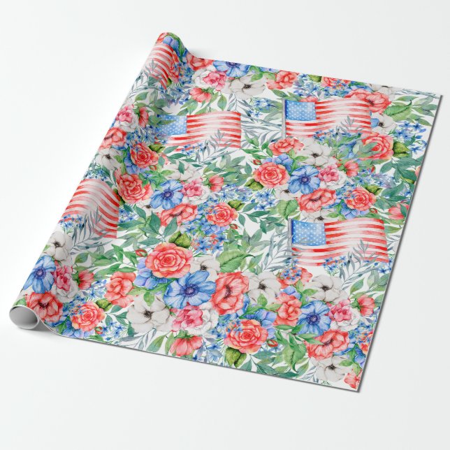 Röda Vita Och Blå Blommor  Patriotiska 4:e Juli Presentpapper (Utrullad)