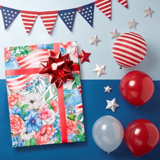 Röda Vita Och Blå Blommor  Patriotiska 4:e Juli Presentpapper (Skapare uppladdad)
