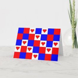 Röda, vita och blå fyrkanter med röda hörn kort