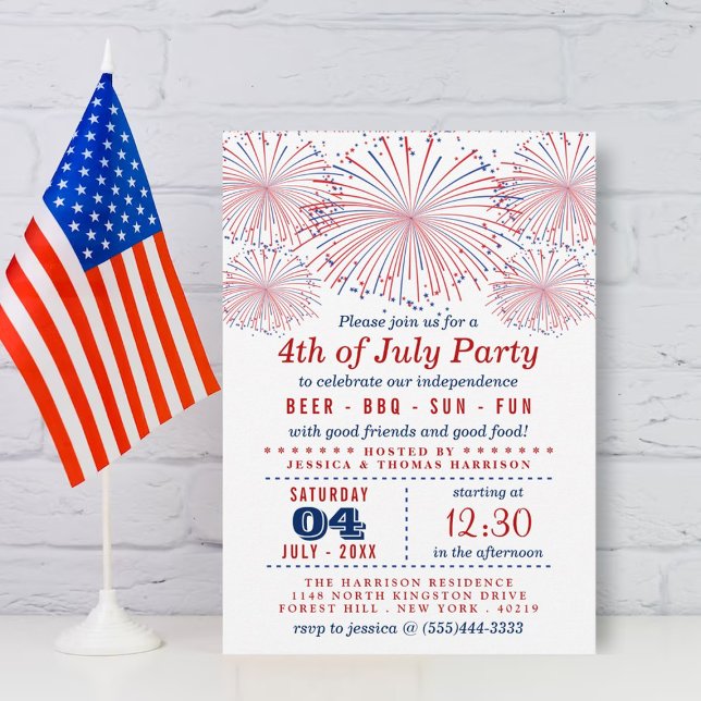 Röda, vita och blå fyrverkerier 4:e juli Party Inbjudningar (Skapare uppladdad)