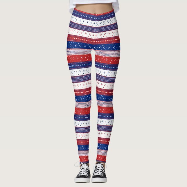 Röda vita och blå patriotiska rand mönster leggings (Framsida)