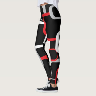 Röda vita och Grått Retro-rutor, svart bakgrund Leggings