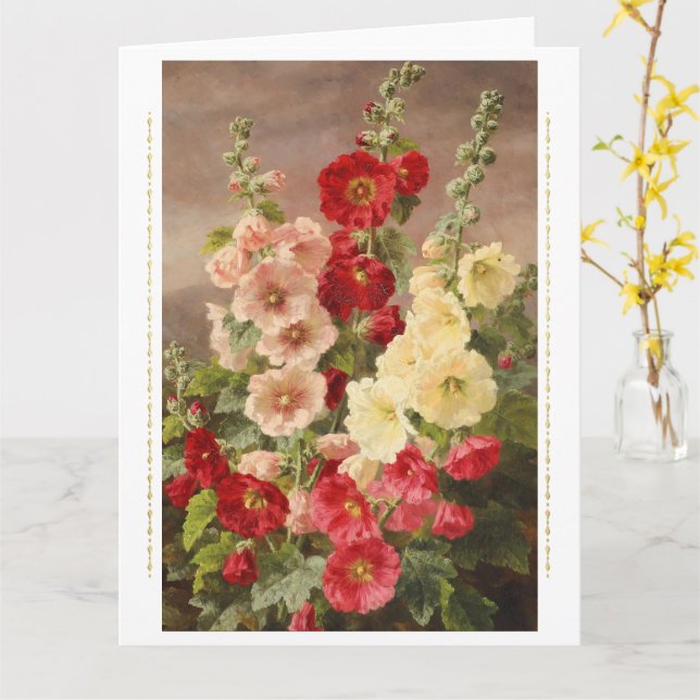 Röda, vita och rosa hollyhocks, Christensen Kort (Gul blomma)