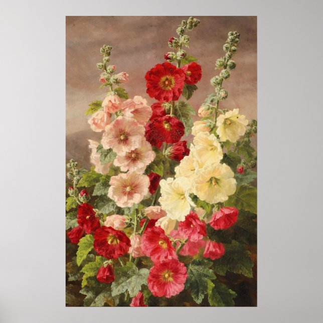 Röda, vita och rosa hollyhocks, Christensen Poster (Framsidan)