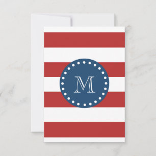 Röda vita Rand, Mönster, marinblått Monogram Inbjudningar