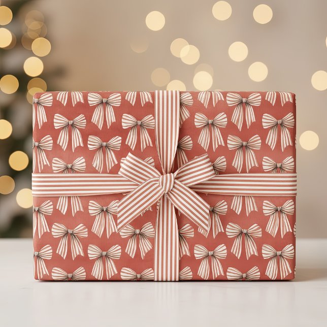 Röda vita ränder Bowar jul Presentpapper (Red white stripes bows Christmas wrapping paper roll)