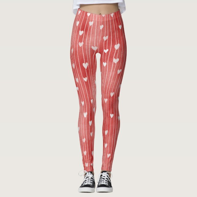 Röda Vita Ränder Hjärter Leggings (Framsida)