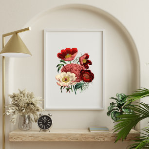 Röda Vita Rosa Vintage Vattenfärg Blommor Poster