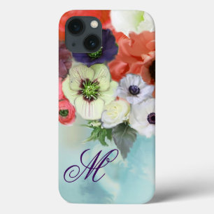 RÖDA VITA ROSOR, BLÅ ANEMONEBLOMMOR MONOGRAM