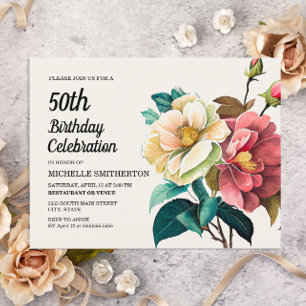 Röda vita rosor Kvinnors 50-årsdag Inbjudan Vykort