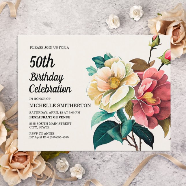 Röda vita rosor Kvinnors 50-årsdag Inbjudan Vykort (Skapare uppladdad)