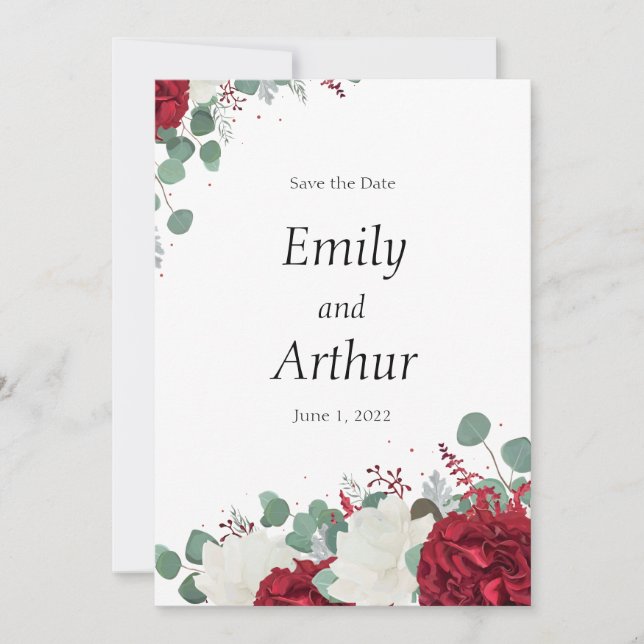 Röda & vita rosor set 15 Save the Date Inbjudningar (Framsida)