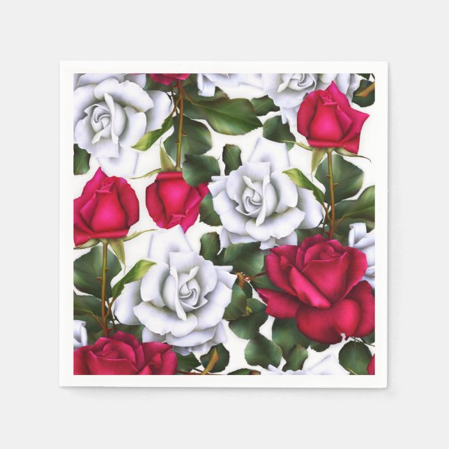 Röda & Vita Rosor Shabby Chic Rustik Modern Glam Pappersservett (Framsidan)