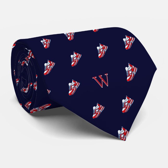 Röda Vita Skor Monogram Initial Midnatt Blå Slips (Rullad)