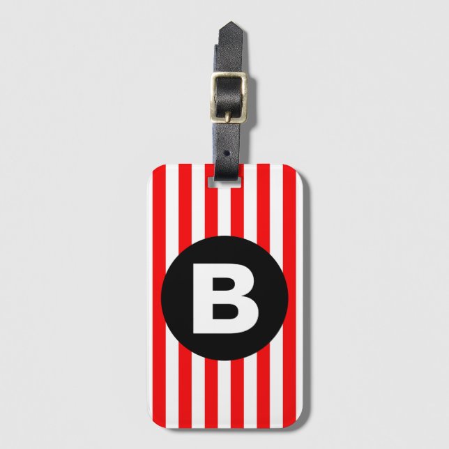 Röda vita vertikala ränder Svart monogram Bagagebricka (Framsida vertikal)
