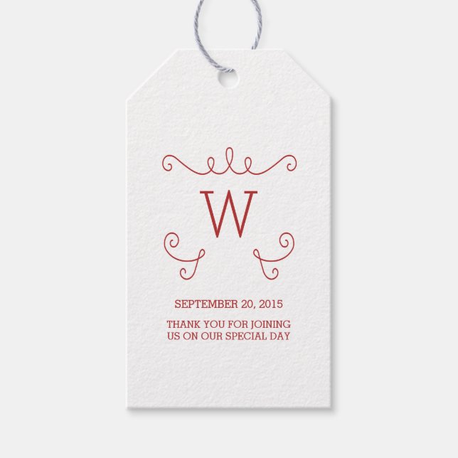 Röda vitaktiga Märkre med Monogram Gift Presentetikett (Framsidan)