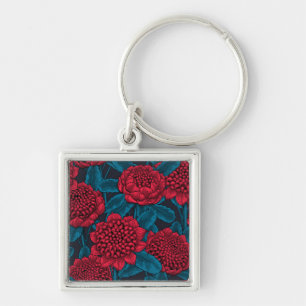 Röda waratah-blommor fyrkantig silverfärgad nyckelring