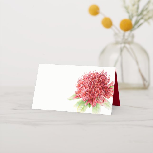 Röda waratah-gästkort för vattenfärgsbilder placeringskort (Framsida)