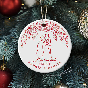 Röda Whimsical Par Vårt Första Jul Äktenskap Julgransprydnad Keramik