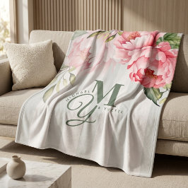 Rödaktig Peony Bröllopsgåva | Elegant Par Monogram Fleecefilt