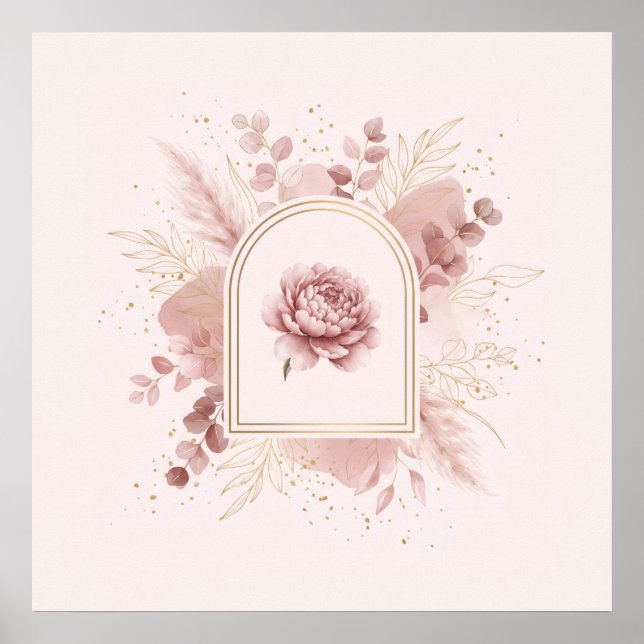 Rödaktig Peony Guld Båge Pampas Botanisk Konst Poster (Framsidan)