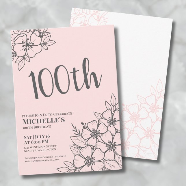 Rödaktig Rosa 100-årsfest Inbjudningar (Feminine Blush Pink 100th Birthday Party Invitation)