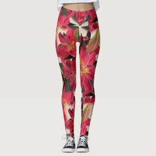 Rödaktig Rosa Flowers Grönt Löv White Background Leggings