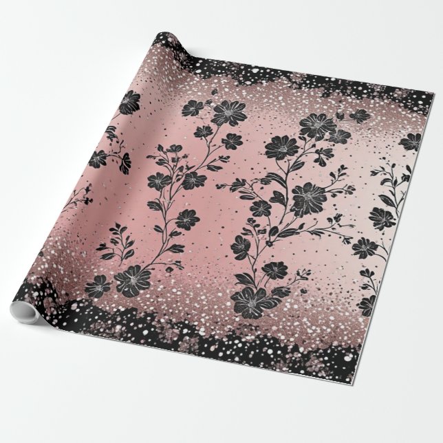 Rödaktig Rosa Glitter Parisisk Tema Metallisk Silv Presentpapper (Utrullad)