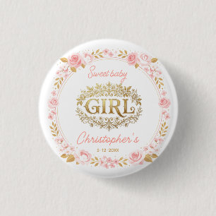 Rödaktig Rosa & Guld Blomster Tjej Baby Shower Knapp