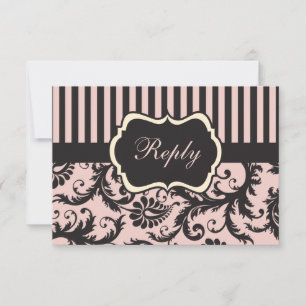 Rödaktig Rosa, Kräm, Grårandigt Damaskus Svarskort Inbjudningar