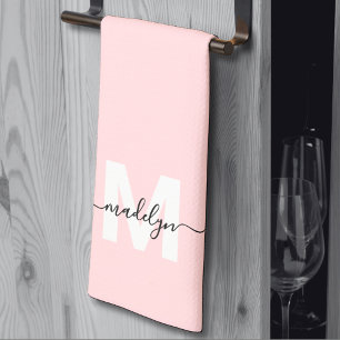 Rödaktig Rosa Namn Monogram Kökshandduk