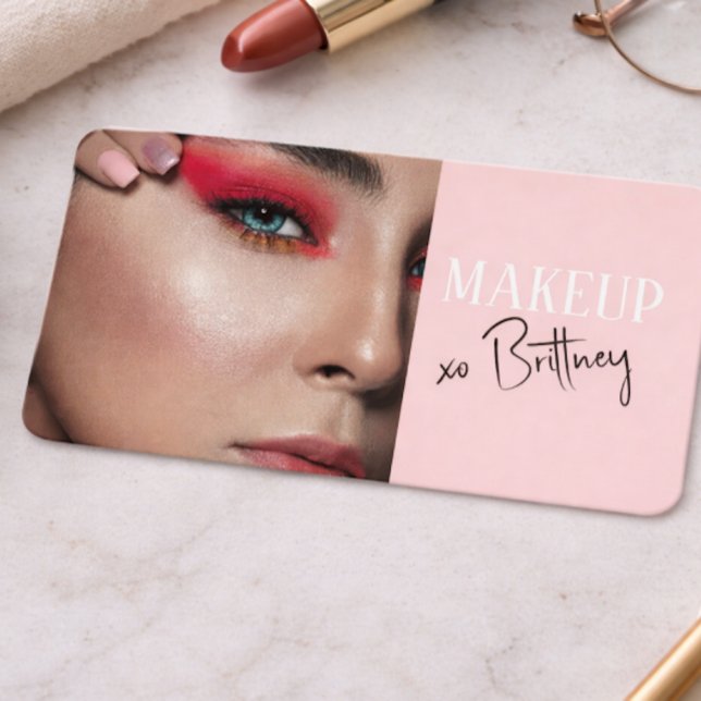 Rödaktig Rosa Skript QR-kod Foto Makeup Visitkort (Skapare uppladdad)