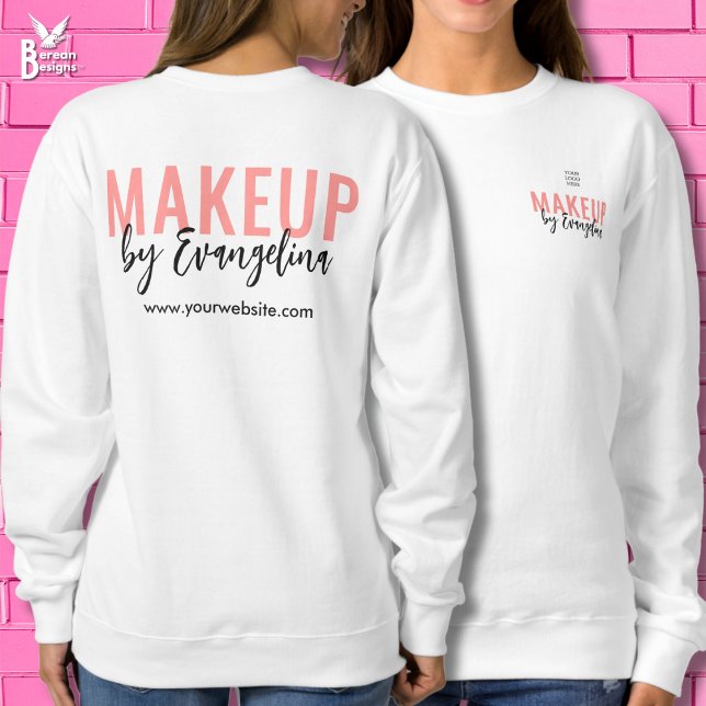Rödaktig Rosa Svart Script Logotyp Sminkanställd T Shirt (Front/back MAKEUP staff sweatshirt with customizable logo name and website. Ideal for makeup artists)
