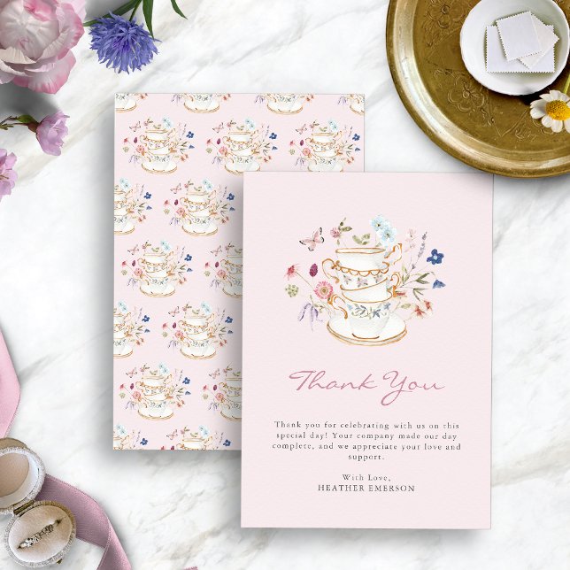 Rödaktig Rosa Teafest Tack Kort (Blush Pink Tea Party Thank You Card with Butterfly by Painted Paperie
)