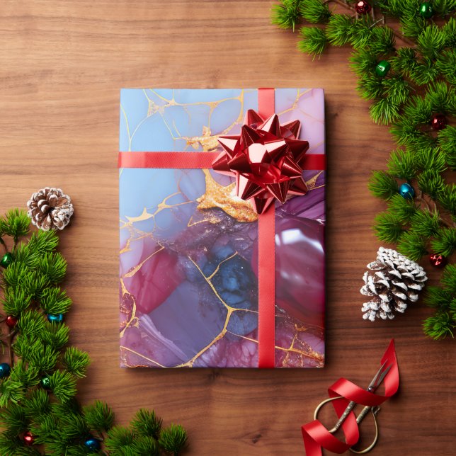 Rödaktig & Safir-marmor med guldådror Presentpapper (Julgåva)