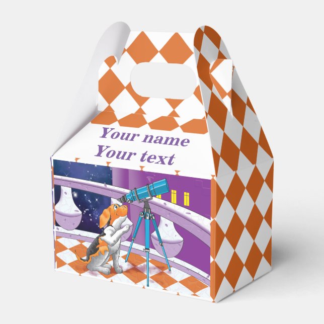 Rödbeige valp och teleskop i slottet presentaskar (Framsidan Sidan)