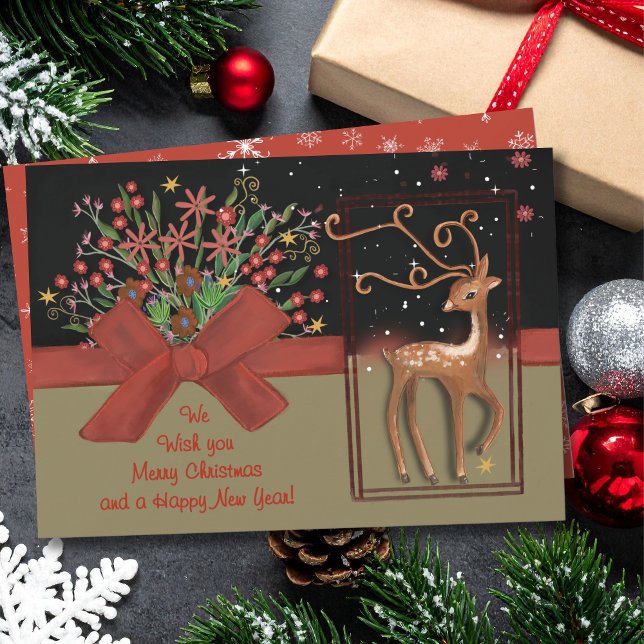 Rödbläck för Cute Reindeer Black och Guld Julkort (Cute Reindeer Red Bow Black & Gold Holiday Card)