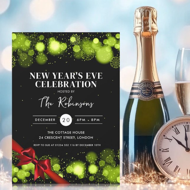  rödbladet för nyårsafton Grönt, svart vinter Inbjudningar (New Years Eve Green Black Winter Wonder Red Bow Invitation)