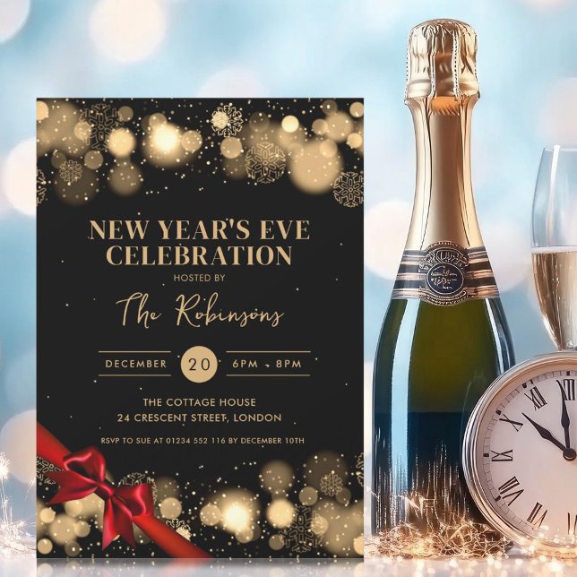  rödbladet nyårsafton Guld Svartvinter Inbjudningar (New Years Eve Gold Black Winter Wonder Red Bow Invitation)