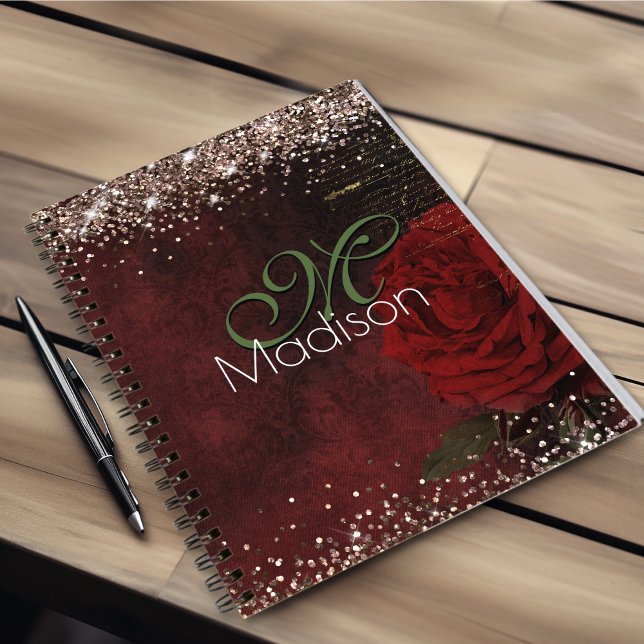 Rödblomma faux guld glitter monogram anteckningsbok (Skapare uppladdad)