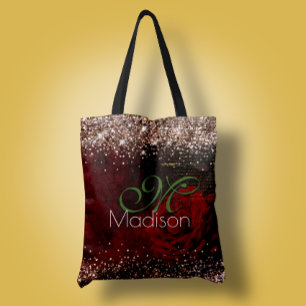 Rödblomma faux guld glitter monogram tygkasse