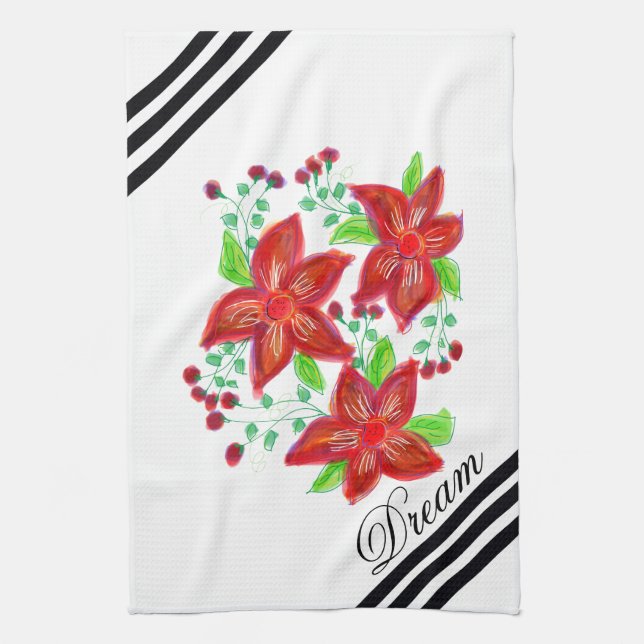Rödblommig design kökshandduk (Vertikal)
